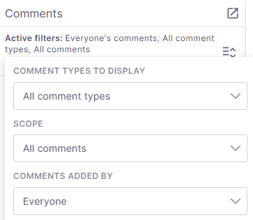 Das Bereich "Kommentare" zeigt Filter für Kommentartypen, den Bereich und die Verfasser der Kommentare an. Derzeit sind alle Einstellungen so konfiguriert, dass alle Kommentare von allen Benutzern angezeigt werden.