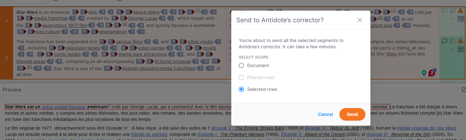 memoQ-Pop-up-Dialogfeld mit dem Titel "An Antidote Corrector senden?" mit Optionen zum Senden des Dokuments, der gefilterten Zeilen oder der ausgewählten Zeilen sowie den Schaltflächen Abbrechen und Senden am unteren Rand.