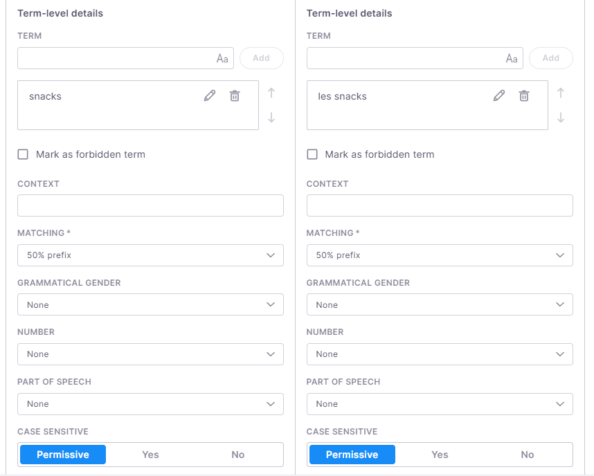  Das Fenster mit dem Titel "Termdatenbank-Eintrag bearbeiten" in memoQweb, das ein Formular mit zwei nebeneinander stehenden Sprachspalten (Englisch und Französisch) zeigt. Jede Spalte enthält Felder zum Hinzufügen von Benennungen, Markierung verbotener Benennungen, Kontext, Übereinstimmungseinstellungen, grammatisches Geschlecht, Zahl und Wortart. Unten befinden sich die Schaltflächen "Abbrechen" und "Übernehmen".