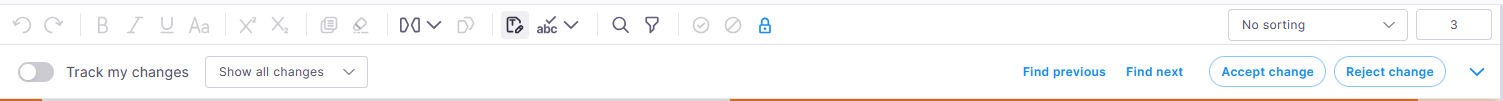 Der Bereich "Änderungen nachverfolgen" im memoQ editor zeigt den Umschalter "Meine Änderungen nachverfolgen", das Dropdown-Menü "Alle Änderungen anzeigen", die Navigationsschaltflächen für "Vorheriges Ergebnis" und "Weitersuchen" sowie die Schaltflächen "Änderung annehmen" und "Änderung ablehnen" mit einem Dropdown-Pfeil.