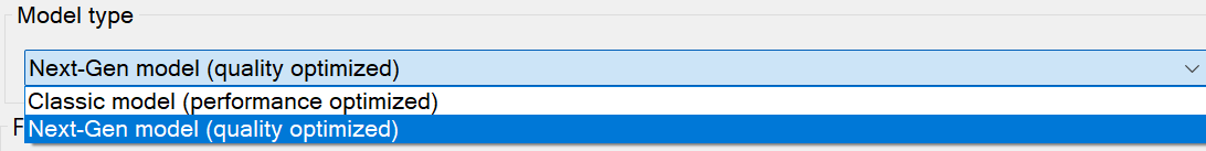 PArt of the DeepL MT plugin settings API v2 dialog showing Model type dropdown with two options to choose from - classic mode, and next-gen model.
