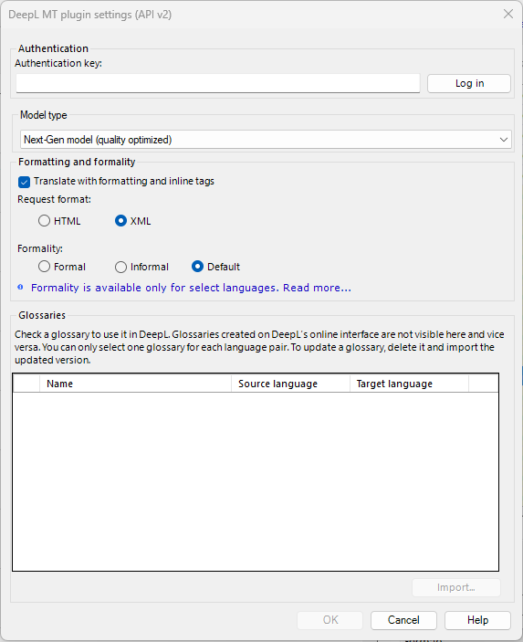 DeepL pop-up dialog to insert authentication key, choose mode type, formality, formatting, and glossaries options.