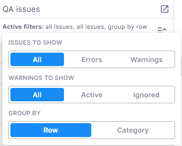 The interface showing options after you click the View options button. You can choose from (top row) All issues, Errors, Warnings, (middle row) Group by row, Group by issue type, (bottom row) Show ignored warnings toggle.