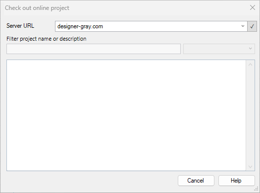 インターフェイスは、リストエリアは空の状態のサーバーURL designer-gray.com を表示しており、利用可能または表示されているプロジェクトがないことを示しています。また、ウィンドウの下部にはキャンセルボタンとヘルプボタンがあります。